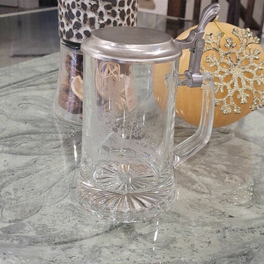 Vintage Alwe Engraved / Etched Beer Stein With Pheasants, Rabbits Nature Theme